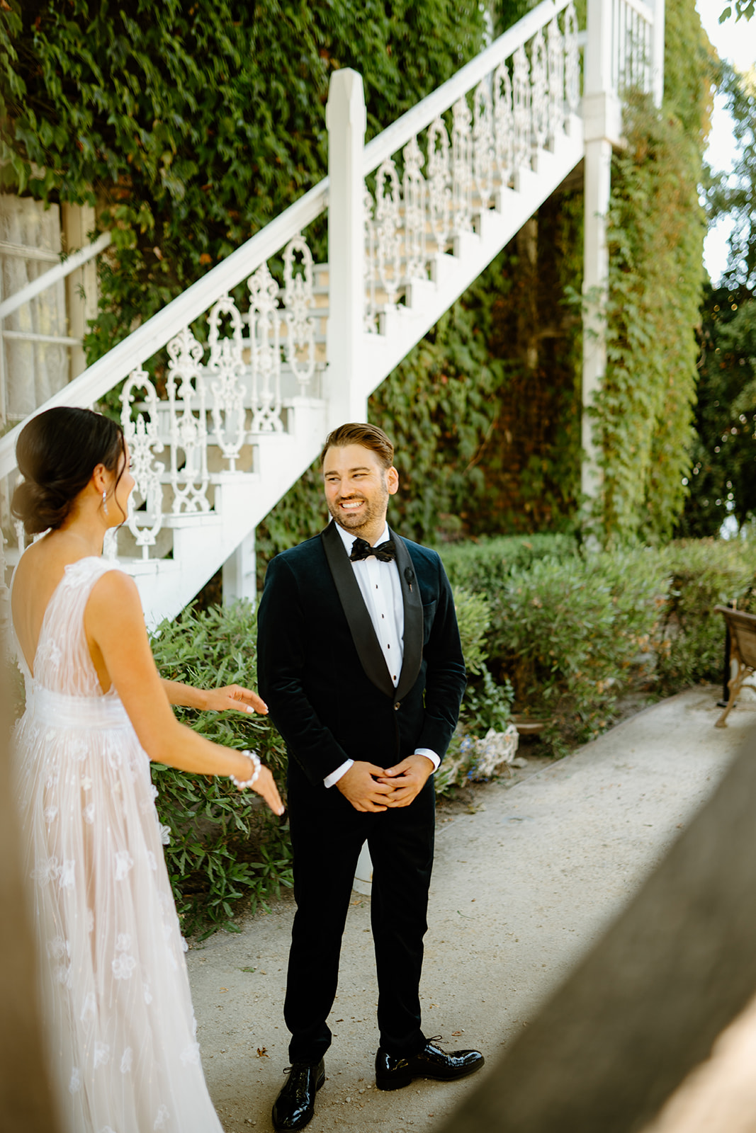 bride and groom first look at wedding at 1880 Union Hotel in Los Alamos, Ca photography by Cobblestone