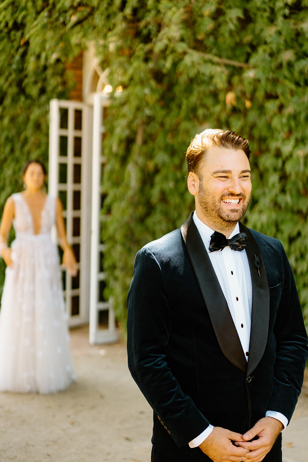 bride and groom first look at wedding at 1880 Union Hotel in Los Alamos, Ca photography by Cobblestone
