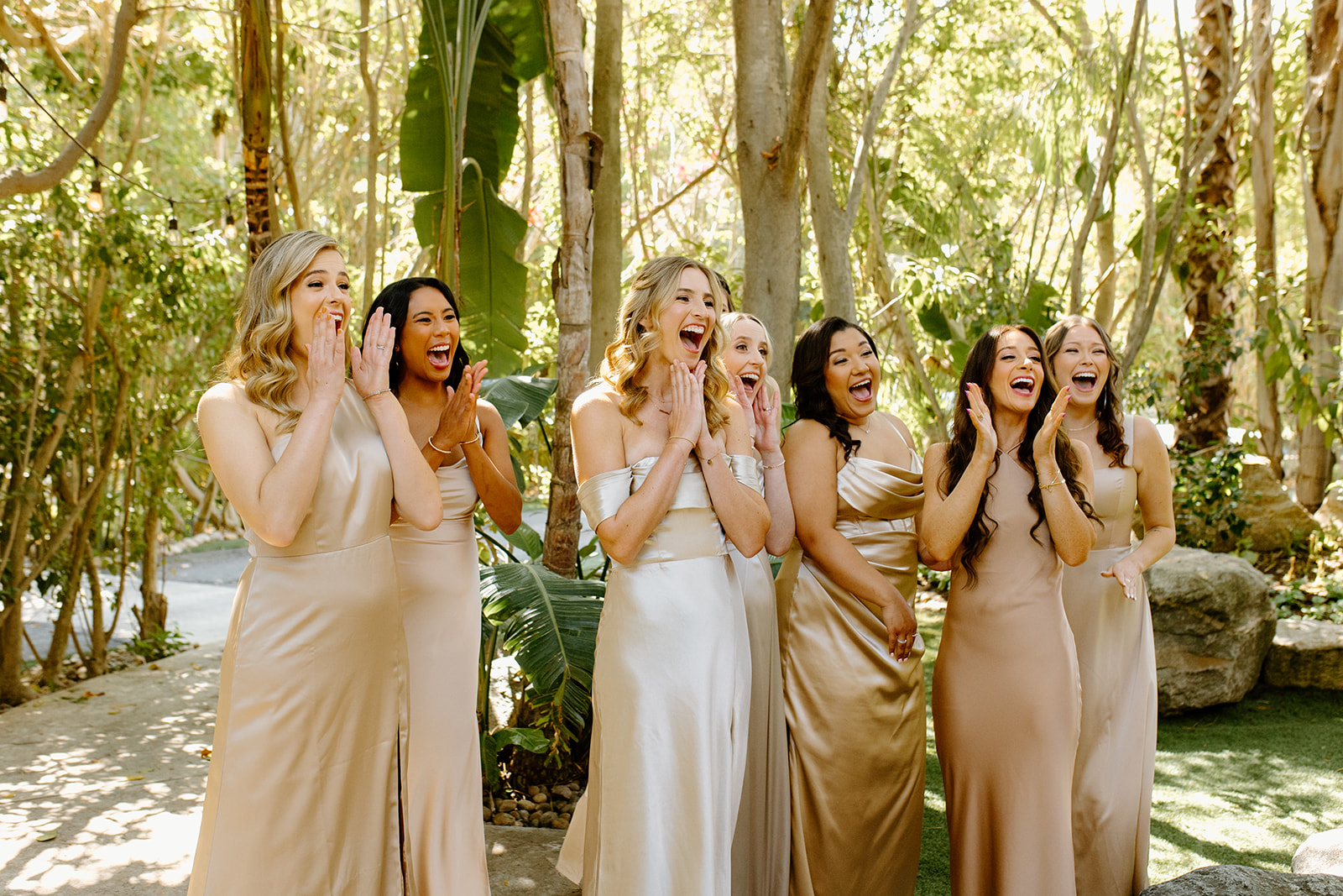 bridesmaids first look with bride at wedding at Botanica, Oceanside California, photography by Cobblestone
