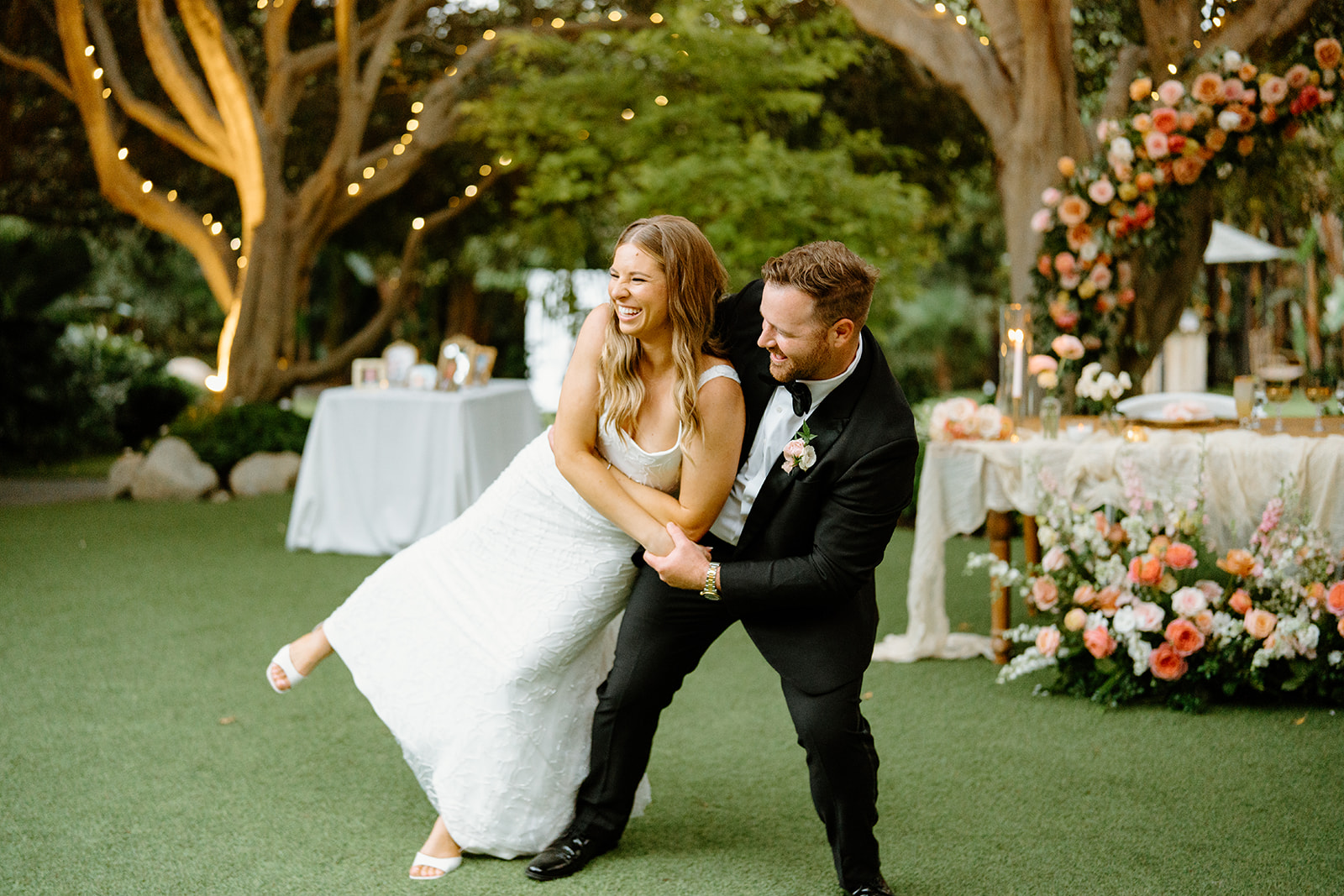 bride and groom dancing at wedding at Botanica, Oceanside California, photography by Cobblestone