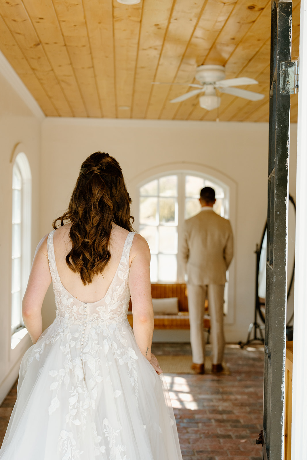 Bride walks up to groom for first look at Higuera Ranch, San Luis Obispo CA, photography by Cobblestone
