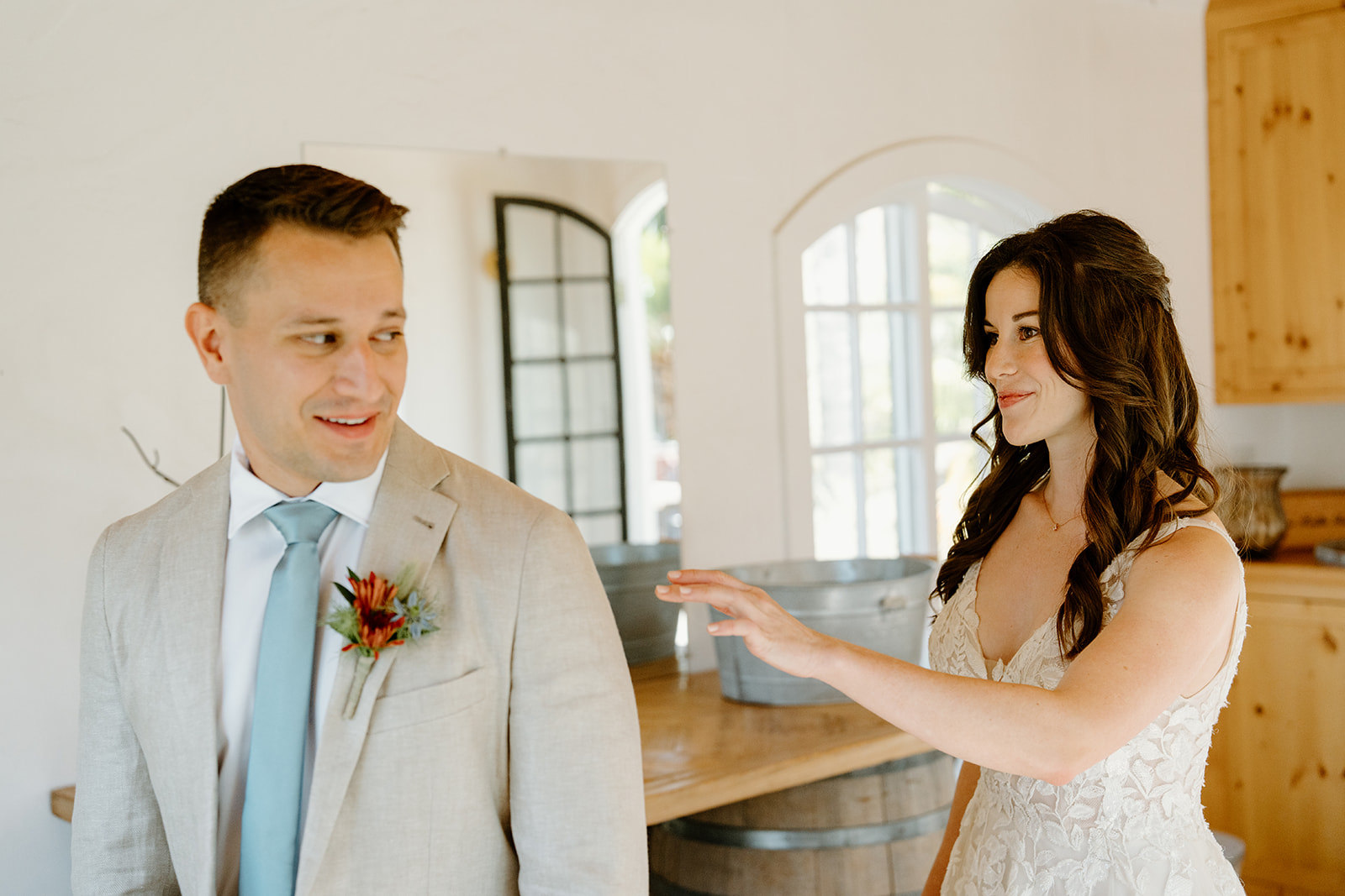 Bride walks up to groom for first look at Higuera Ranch, San Luis Obispo CA, photography by Cobblestone