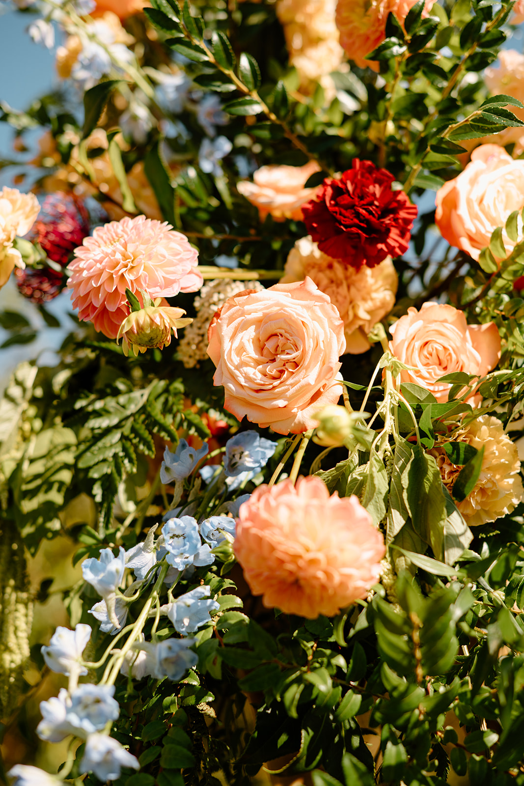 Florals on wedding arch at Higuera Ranch, San Luis Obispo CA, photography by Cobblestone