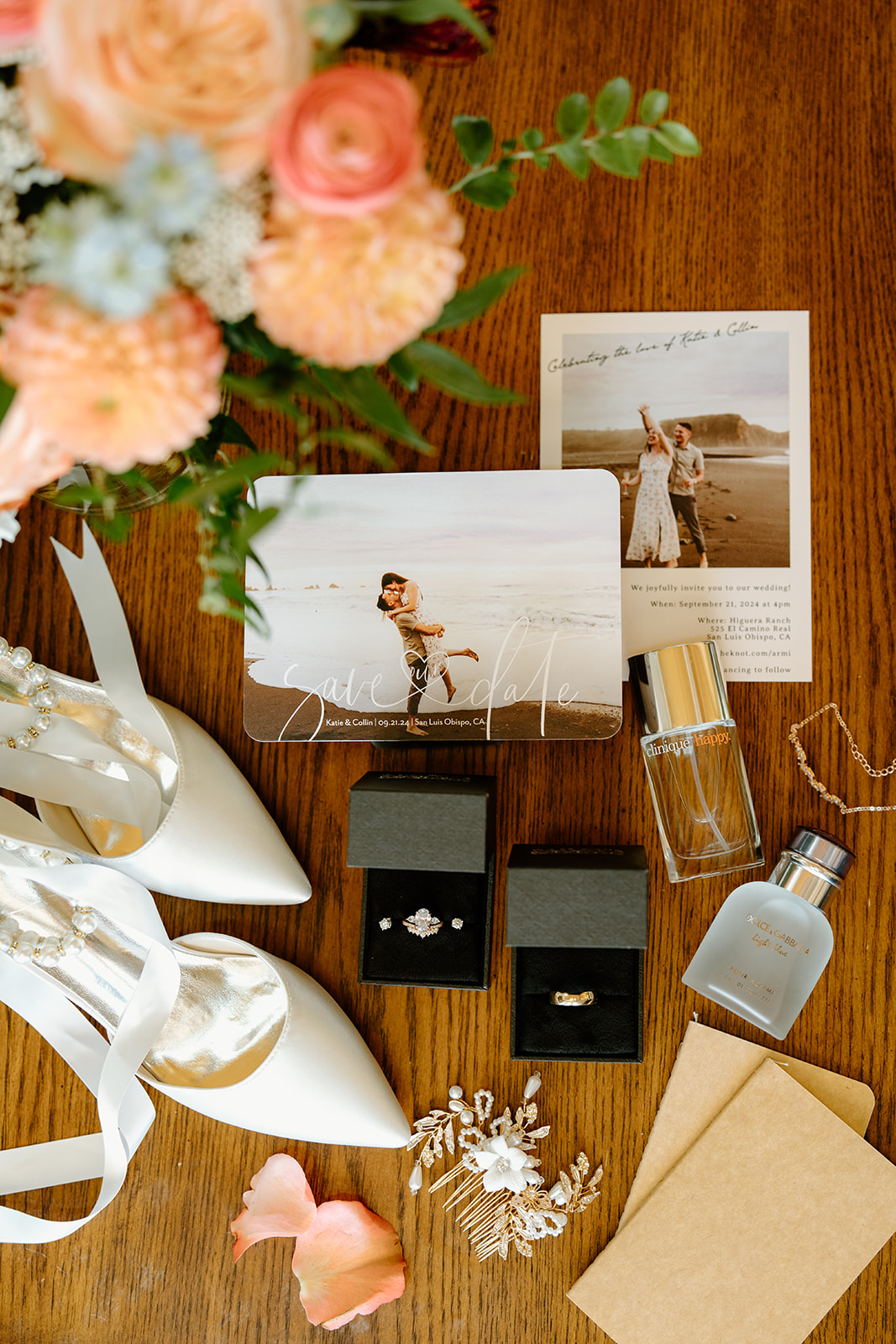 Wedding rings, shoes, florals for wedding at Higuera Ranch, San Luis Obispo CA, photography by Cobblestone