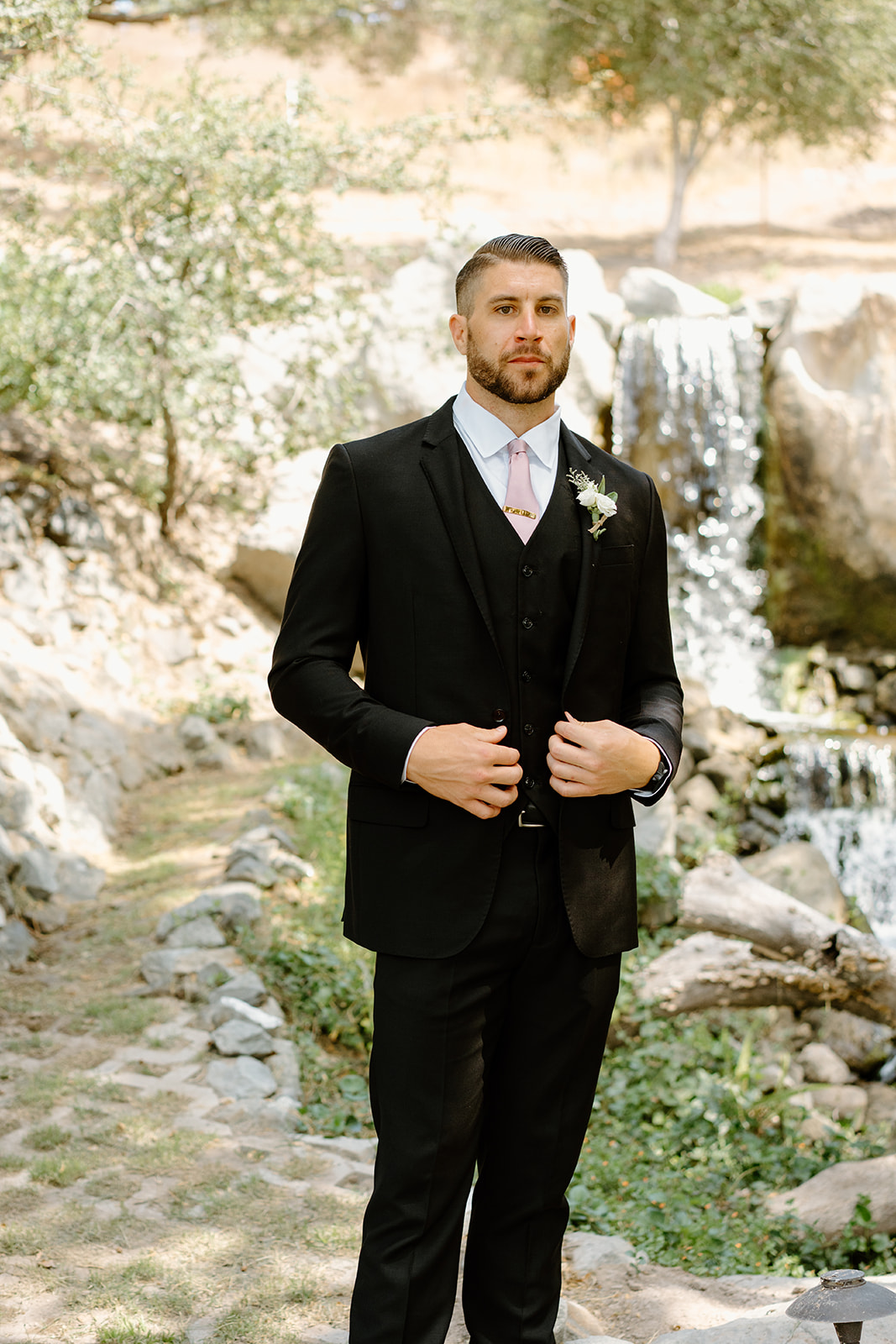groom awaits bride for first look at wedding in San Luis Obispo CA, photography by Cobblestone