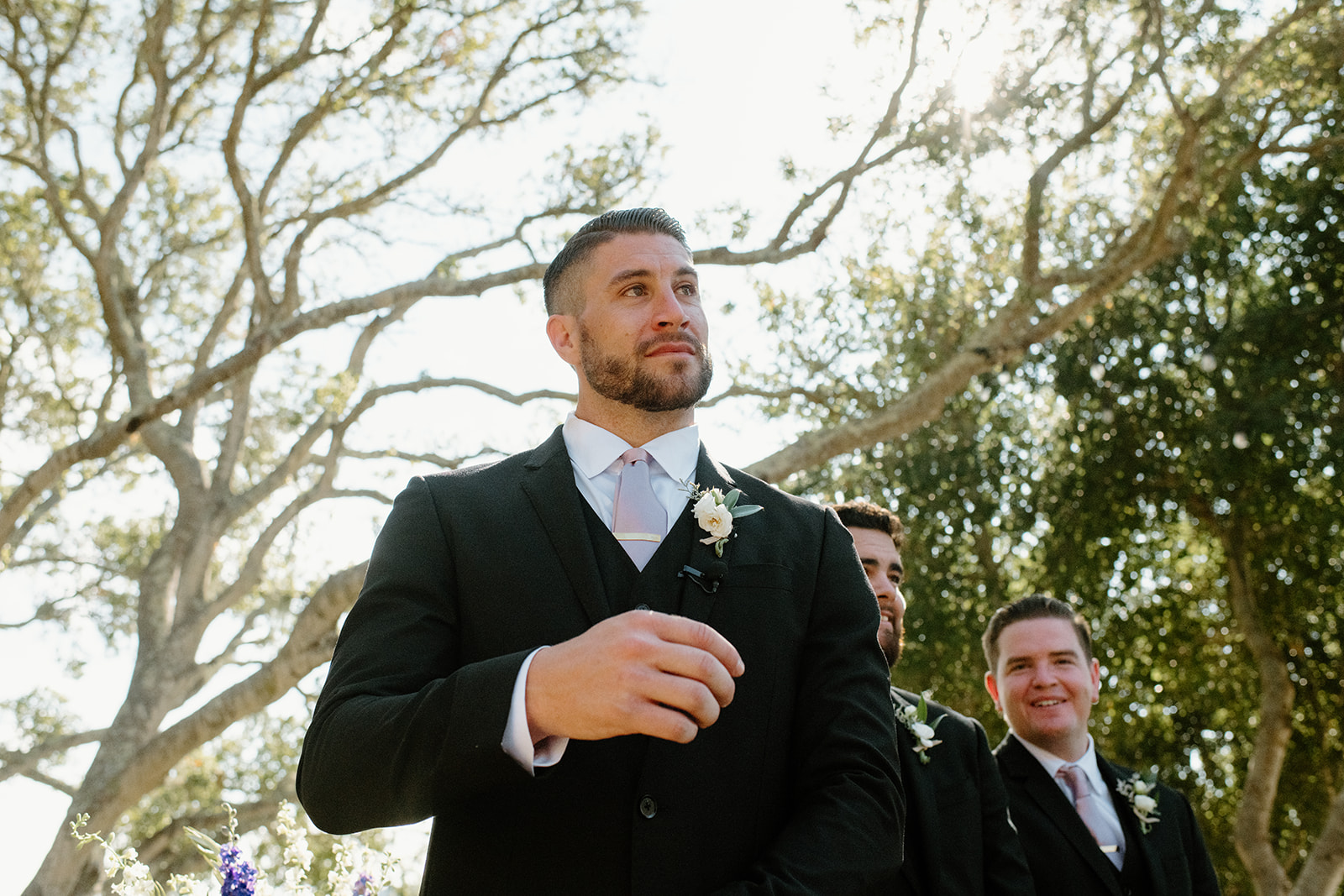 Groom cries watching bride walk down isle at wedding in San Luis Obispo CA, photography by Cobblestone