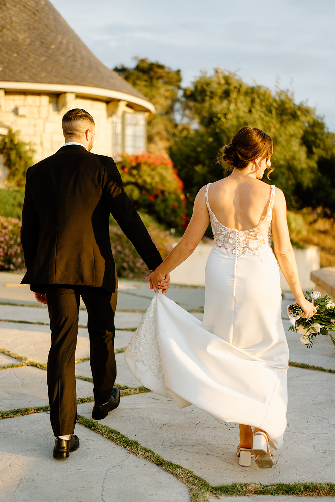 first steps with bride and groom after wedding in San Luis Obispo CA, photography by Cobblestone